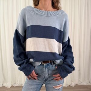 Lucky Brand Striped Sweater Blue Neutral Crewneck Cozy Knit Relaxed Fit Size L